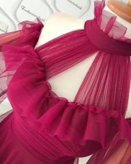 Tül drape detay kloş elbisemiz Mürdüm