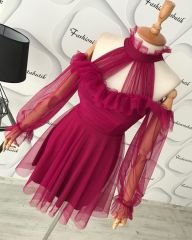 Tül drape detay kloş elbisemiz Mürdüm