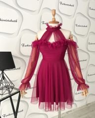 Tül drape detay kloş elbisemiz Mürdüm