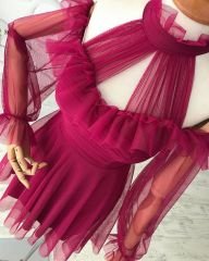Tül drape detay kloş elbisemiz Mürdüm