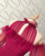 Tül drape detay kloş elbisemiz Mürdüm