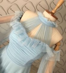 Tül drape detay kloş elbise - bebe mavisi