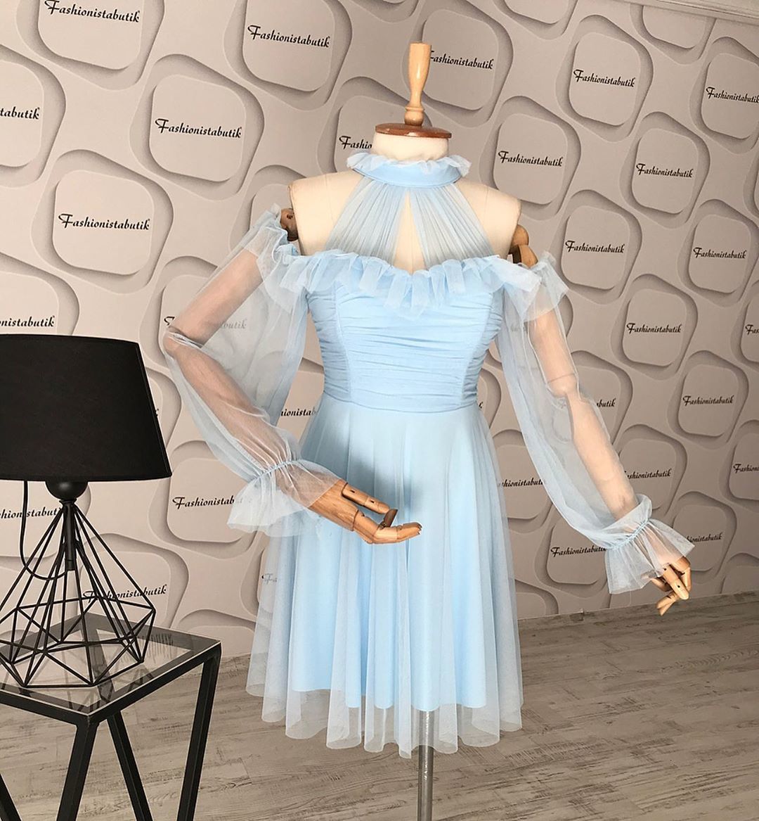 Tül drape detay kloş elbise - bebe mavisi