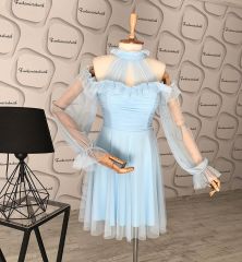Tül drape detay kloş elbise - bebe mavisi