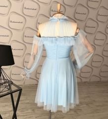Tül drape detay kloş elbise - bebe mavisi