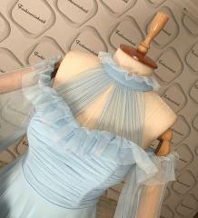 Tül drape detay kloş elbise - bebe mavisi
