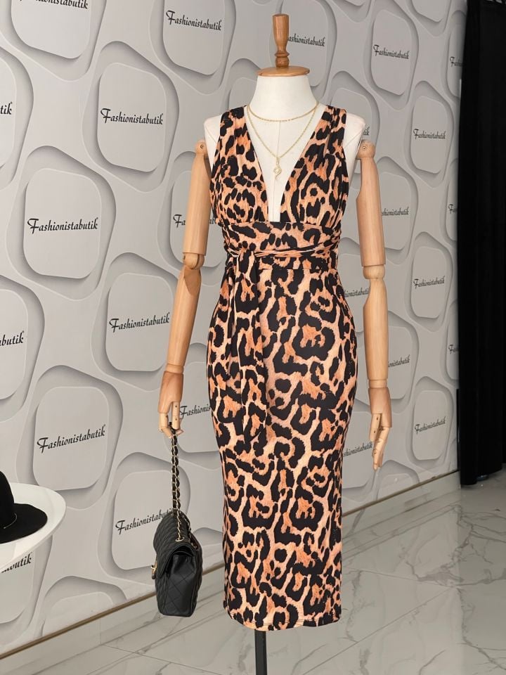 Leopar desen midi elbise