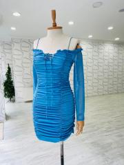üç renk drape elbise - İndigo Mavi