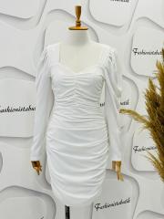 Büzgülü omuz drape elbise - Beyaz