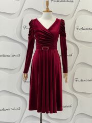 Taş kemerli midi kadife elbise - Bordo