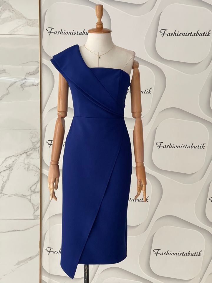 Modern yaka midi elbise - Saks