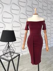 Simli straplez midi elbise - bordo