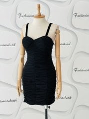 Askılı drape elbise Siyah