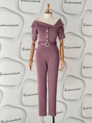 Modern yaka tulum elbise - Gül Kurusu