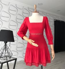 Sırt dekolteli keten elbise - Kırmızı