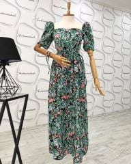 Bel dekolteli floral maxi elbise