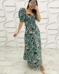 Bel dekolteli floral maxi elbise