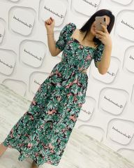 Bel dekolteli floral maxi elbise