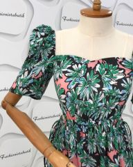 Bel dekolteli floral maxi elbise