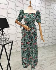Bel dekolteli floral maxi elbise