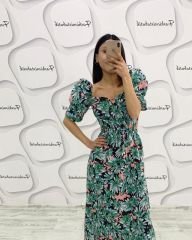 Bel dekolteli floral maxi elbise