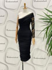 Midi boy drape elbise - Siyah