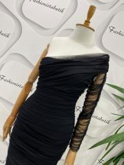 Midi boy drape elbise - Siyah