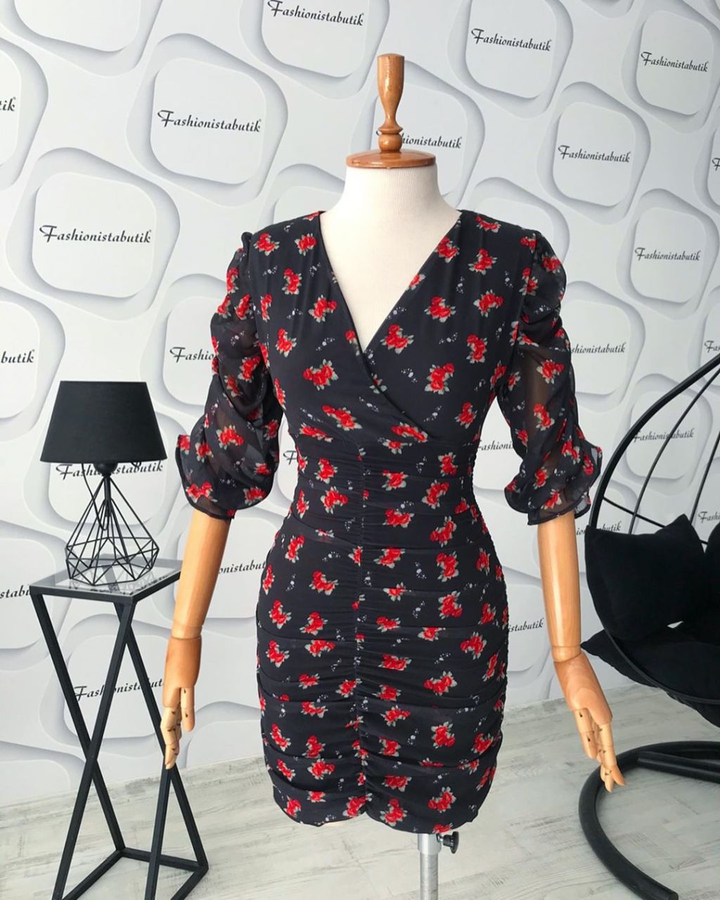 Drape etek Gül detay şifon mini elbise
