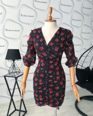 Drape etek Gül detay şifon mini elbise