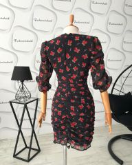 Drape etek Gül detay şifon mini elbise