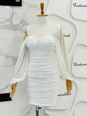 Drape uzun kol elbise - Beyaz