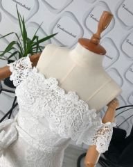 Straplez volanlı midi güpür dantel elbise - Beyaz