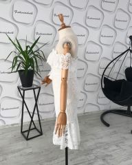 Straplez volanlı midi güpür dantel elbise - Beyaz