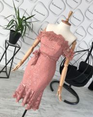 Straplez volanlı midi güpür dantel elbise - Somon
