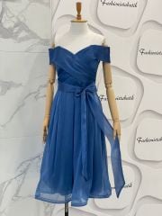 Madonna yaka kloş midi elbise - İndigo