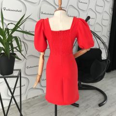 Büzgülü gipe detay elbise - Nar çiçeği