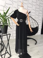 Tek kol Maxi şifon elbise - Siyah