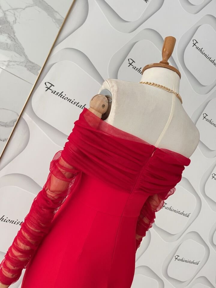 Tül drape tulum -Kırmızı