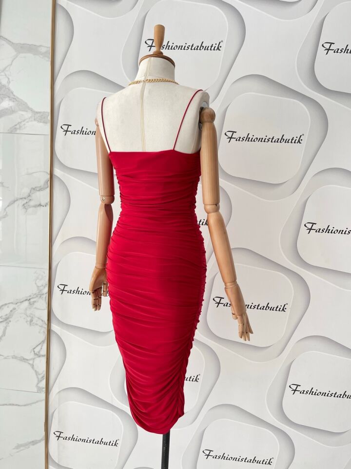 Lastik askılı midi drape -Kırmızı