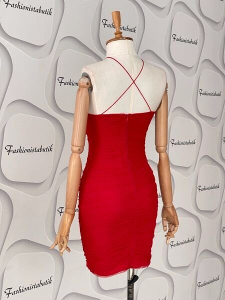 Mini tül drape elbise - kırmızı