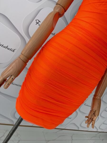 Mini tül drape elbise - turuncu