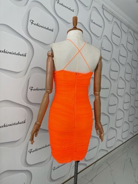 Mini tül drape elbise - turuncu