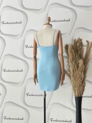 Asimetrik kesim kruvaze yaka elbise - Bebe Mavi
