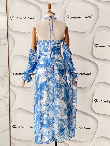 Mavi floral şifon elbise