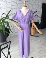 Büzgü detaylı keten tulum - Lila