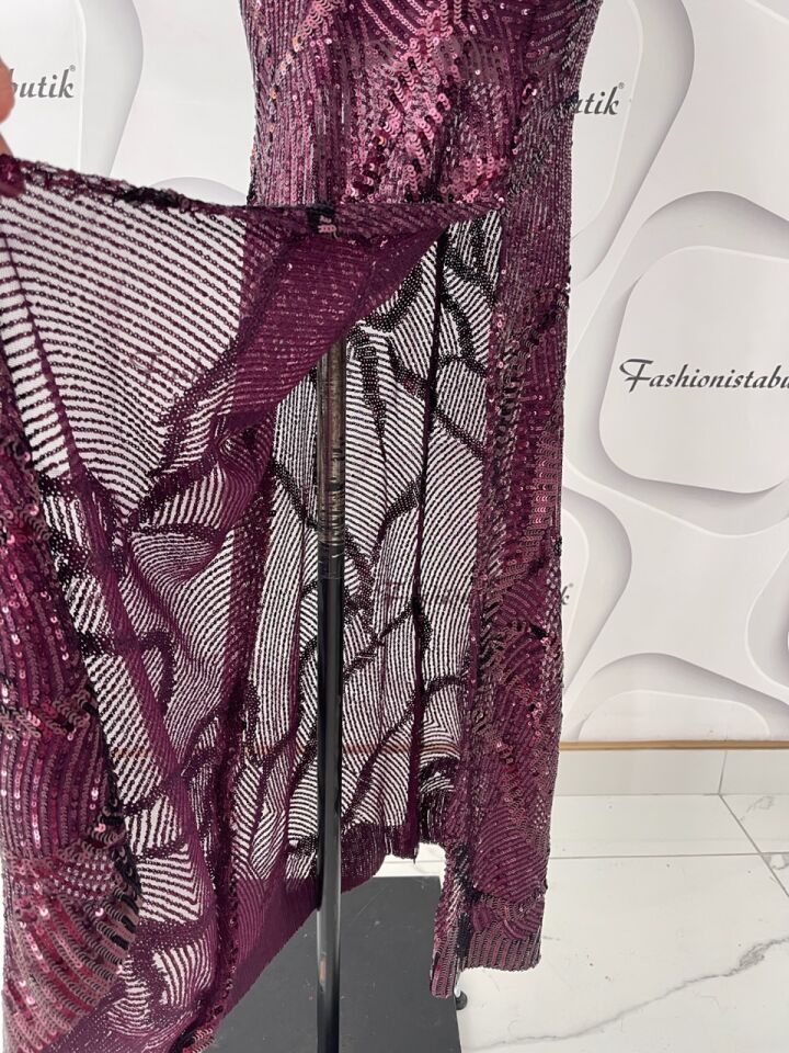 Madonna yaka payet elbise - Mor