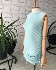 Kaşkorse büzgülü elbise - mavi