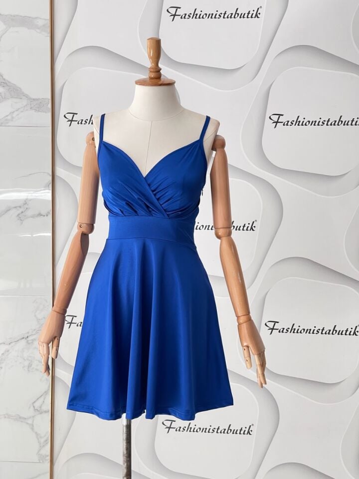 Askılı mini kloş elbise - Saks